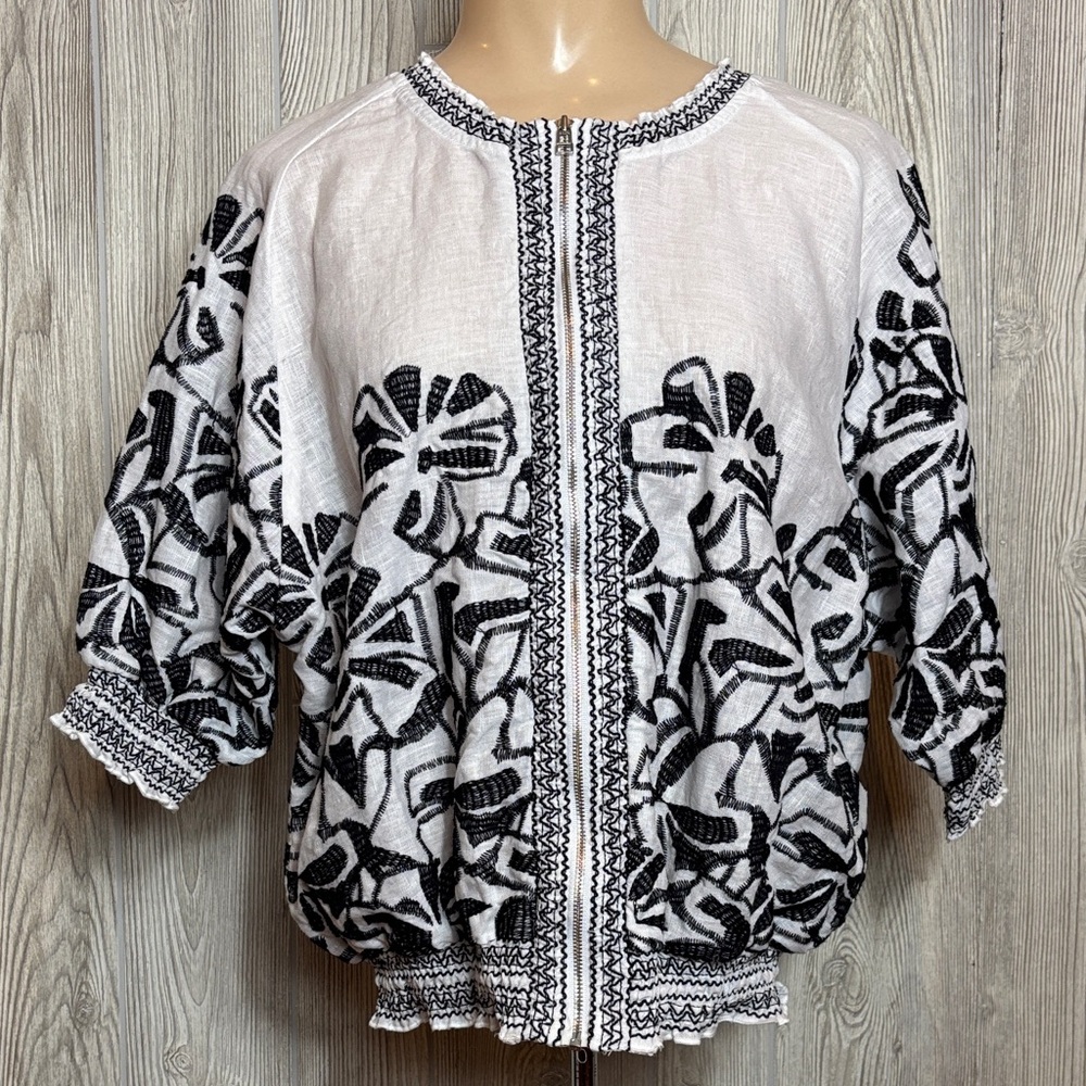 Chico's Boho Coastal Black on White Linen Embroidered Floral Smocked Jacket - 2P